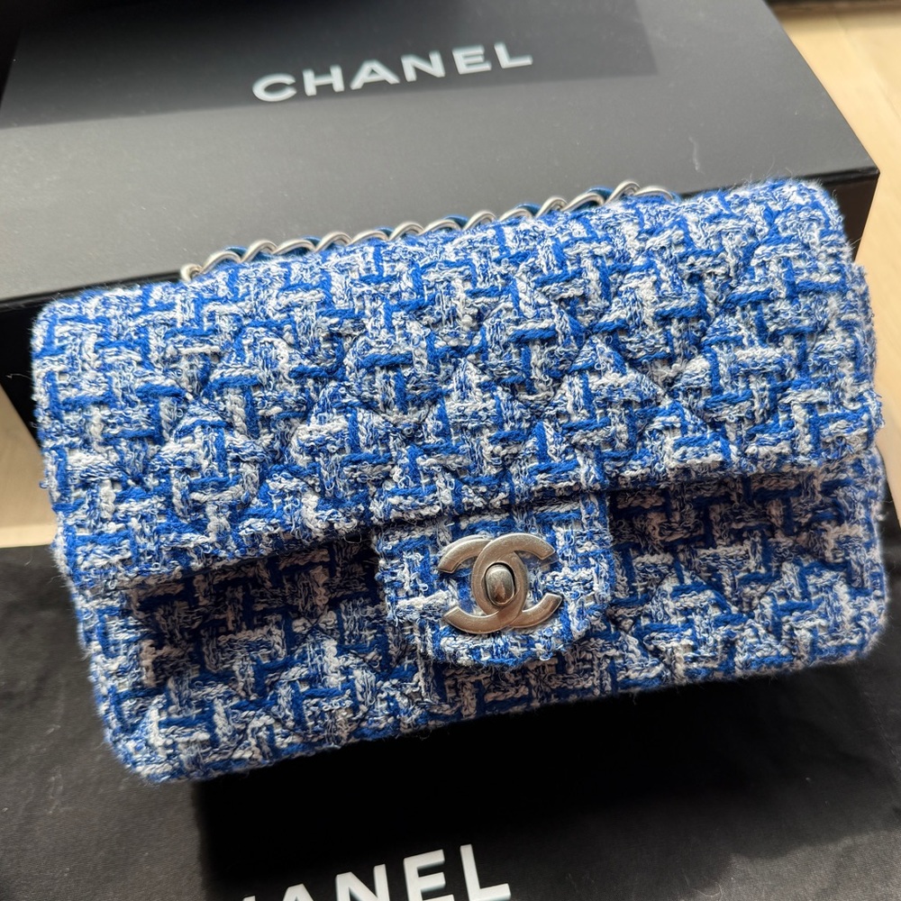 NIB Chanel Blue Tweed and white mini flap with silver hardware